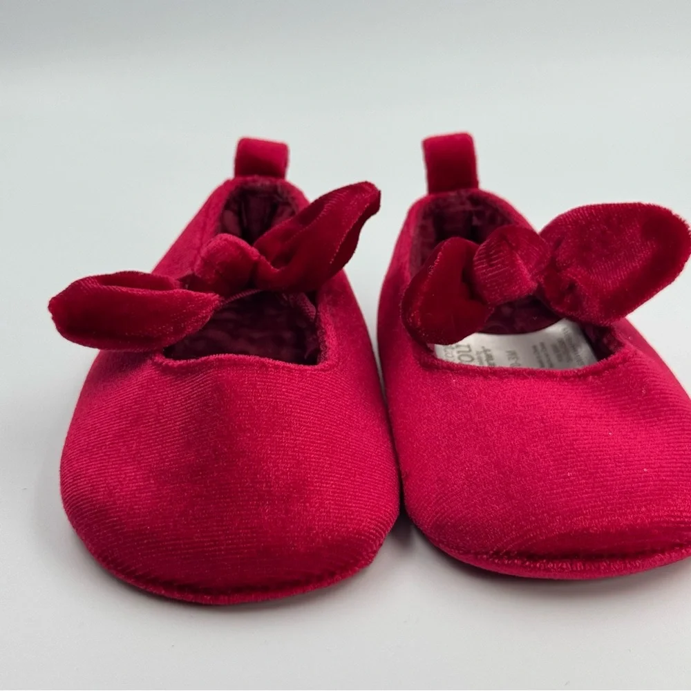 Carter’s Just One You Red Velvet Velour Baby Slip On Dress Shoes with Bows 0-3